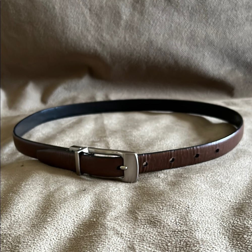 Classic Brown and Black Leather Belt with Silver Buckle